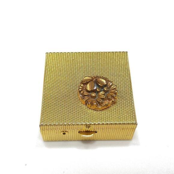 Vintage Flower Pill Box, Textured Gold Tone, Push Button Clasp, 1 3/8 Inches - Picture 2 of 10